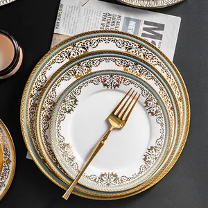 Assiette en céramique de style européen avec bordure dorée, assiette de dîner tendance, assiette à <span class=keywords><strong>spaghetti</strong></span>, assiette à steak, assiette occidentale pour la maison - Product Image 1