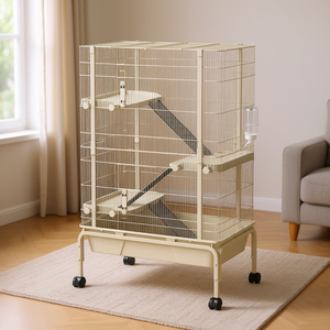 Cage pour petits animaux à 4 niveaux, 47 pouces, en métal beige, pour furets, avec plateau roulant, rampes, bouteille d'eau, utilisation en intérieur - Product Image 2