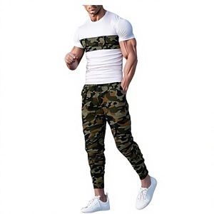 Men's White Crew Neck T-Shirt Camouflage Jogger Pants <b>Set</b> Casual <b>Knitted</b> 100% Cotton Breathable Spring Wear Anti-Shrink Front - Product Image 1