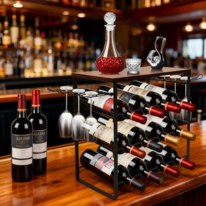 Casier à vin autoportant en métal noir à 3 niveaux pour 12 bouteilles avec crochets, support de rangement moderne de petite taille pour comptoir, table, armoire ou garde-manger - Product Image 4