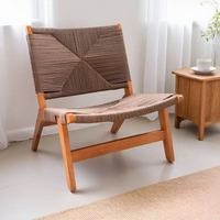 Fauteuil de loisirs en corde de papier tressée à la main avec structure en bois massif, fauteuil d'appoint intérieur à profil bas pour balcon et salon