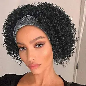 黒人女性のためのヘッドラップアフロファイバー接着剤レス卸売付属1Bブラックスプリングカーリー人工毛ヘッドバンドウィッグ