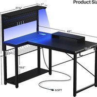 Bureau compact transfrontalier pour étude/chambre avec éclairage LED, fonctions gaming, rangement individuel et structure métallique pour tour PC