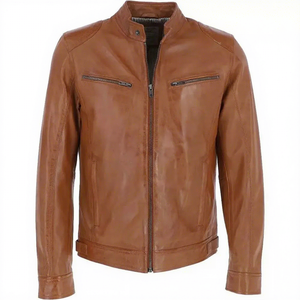 <b>Mens</b> Real Cognac Brown Leather <b>Jacket</b> <b>Sheepskin</b> Snap Tab Collar Chest Zip Pockets Cafe Racer Coat Custom Winter Warm Outerwear - Product Image 1