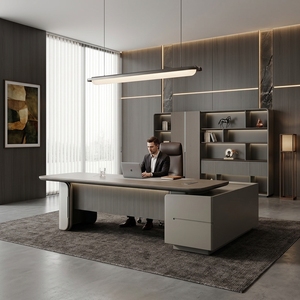 Bureau <span class=keywords><strong>de</strong></span> direction moderne <span class=keywords><strong>de</strong></span> luxe sur mesure d'usine, avec placage bois, panneau à lattes verticales et pieds courbes, pour usage commercial - Product Image 1
