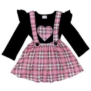 Toptan sevgililer bebek kız elbise pembe ekose kalp askı etek seti bebek kız giysileri için