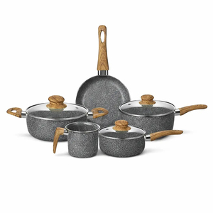 High Quality Ceramic Marble Coated <b>Pot</b> Pan Glass Lids Wooden Soft touch Handles Non Stick 8-Piece Aluminium Cookware <b>Set</b> - Product Image 1