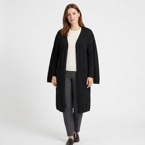 Cárdigan informal negro de manga larga con frente abierto, antiarrugas, para mujer, de punto, color liso, con bolsillo, para invierno - Product Image 1