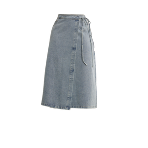 Falda Midi Cruzada de Mezclilla con Lazo Lateral, Estilo Casual, de Algodón Lavado, para Mujer, Estilo Primavera - Product Image 1