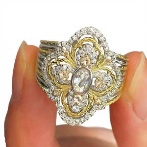 Bague de cocktail florale vintage pour femme, bijoux en or 9 carats, sertissage pavé de diamants, pierre ovale, bague de mariage tendance - Product Image 1