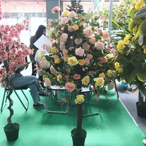 Cheap Indoor Decor Plastic Artificial Big Green Leaf Rose Flower Tree Plant For Sale