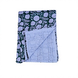 Hand Stitched Printed Cotton Kantha <b>Quilt</b> Traditional Floral Design All Season Home Decor <b>Throw</b> Organic Material - Product Image 1
