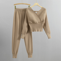 Ensemble décontracté 2 pièces en tricot pour femme, col en V croisé, pantalon côtelé taille haute ample, respirant, tenue de ville quotidienne
