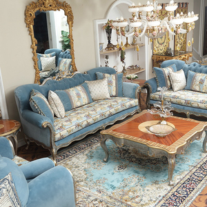 أريكة فاخرة لغرفة المعيشة من 3 مقاعد بتصميم ملكي من المخمل الأزرق - Product Image 1