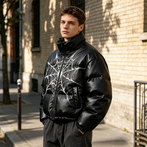 Blouson court matelassé en similicuir personnalisé pour homme, imprimé toile d'araignée, col montant, coupe oversize, fermeture éclair, style streetwear, manteau rembourré effet bulle - Product Image 3