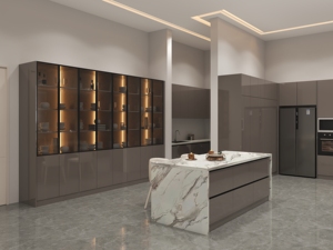 SANTOPOVA Modern L-Shaped Kitchen Cabinet Set with Dark Brown Glass Display and Golden <b>Trim</b> - Product Image 2