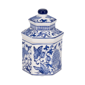 Candela in ceramica chinoiserie con coperchio, design floreale blu e bianco per soggiorno e camera da letto - Product Image 3