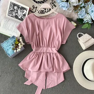 Korean Style Chiffon Shirt Women Solid Slim Waist Peplum Ruffles Tops Short Sleeve Back Bow Spring Summer T12101W