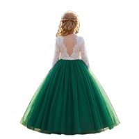 Robe de cérémonie pour filles, manches longues, dos nu en dentelle, verte, en tulle évasé, style princesse, pour fête, demoiselle d'honneur ou spectacle