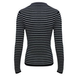 Estilo de moda <span class=keywords><strong>Punto</strong></span> <span class=keywords><strong>fino</strong></span> 16G Ajuste clásico Cuello de polo Botón a rayas Solapa Lana Merino Suéter de blusa de <span class=keywords><strong>punto</strong></span> para <span class=keywords><strong>mujer</strong></span> - Product Image 2