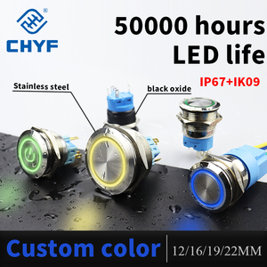 Chyf 12mm 16mm 19mm 22mm kim loại đẩy nút chuyển đầu phẳng 1no1nc khóa <span class=keywords><strong>Led</strong></span> ánh sáng màu đỏ cam màu xanh màu xanh lá cây màu trắng 3V 12V 24V 110V - Product Image 6