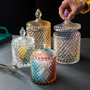 Tarro de vidrio para dulces, tarros transparentes para dulces de galletas, candelabro romano de vidrio de color redondo con tapa - Product Image 3