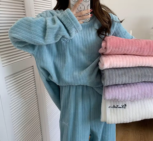 Women Autumn Winter Sleepwear Suit Long Sleeve O-neck Pullover + Long <strong>Wide</strong> <strong>Leg</strong> Pants Lady Casual Fleece Warm Pajamas - Product Image 1