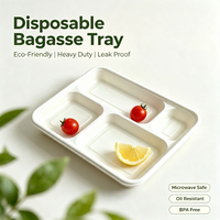 Plateaux rectangulaires jetables en bagasse de canne à sucre à 4 compartiments, robustes, compatibles micro-ondes, compostables, écologiques et résistants au congélateur
