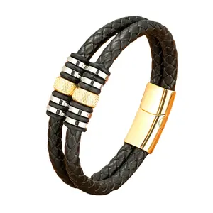 2312 браслет из нержавеющей стали черный кожаный мужской модный браслет двойной тканый мужской и женский браслет AliExpress