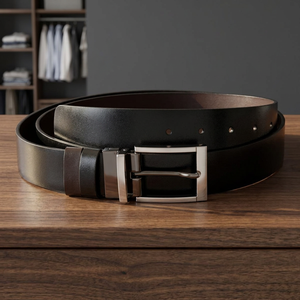 Ceinture réversible en cuir véritable, cuir de vache, couleur unie, boucle à ardillon rectangulaire argentée, style formel - Product Image 3
