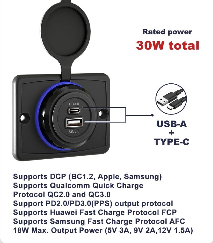 Caricabatteria Camper USB-C Presa USB 12V Per Auto E Camper - 3 Porte Con PD 36W E QC3.0, Luce Soft E Interruttore Pannello Ricarica Veicoli - Foto 6