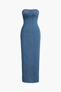 <span class=keywords><strong>Robe</strong></span> <span class=keywords><strong>en</strong></span> <span class=keywords><strong>jean</strong></span> mi-longue sexy pour femme, design épaules dénudées, sans col, de haute qualité, sur mesure - Product Image 4