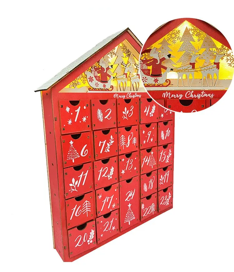 Led beleuchtete Weihnachten Holz Advents kalender Haus mit 24 großen Schubladen für Weihnachten Countdown-Dekoration