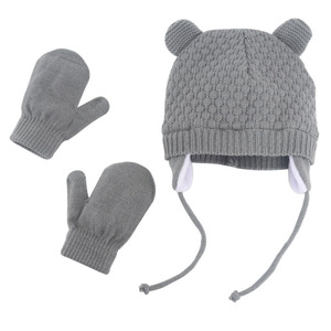 Vente flash : Bonnets pour enfants, 2 pièces, mignons bonnets en laine acrylique à oreilles <span class=keywords><strong>d</strong></span>'ours, ensembles de chapeaux et de gants <span class=keywords><strong>d</strong></span>'<span class=keywords><strong>hiver</strong></span>, mitaines en polaire tricotées chaudes pour bébés - Product Image 3