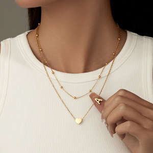 Collar minimalista con colgante de corazón de acero inoxidable con letra A, cuentas de doble capa, joyería de regalo para uso diario - Product Image 2
