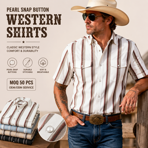 Pearl Snap Button <b>Western</b> <b>Shirts</b> Custom Premium Mens Striped Cowboy Short Sleeve Private Label OEM ODM Manufacturer - Product Image 1