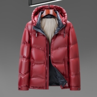 Veste d'hiver matelassée noire brillante pour homme avec capuche, doublure marron, fermeture éclair et poignets à boutons-pression