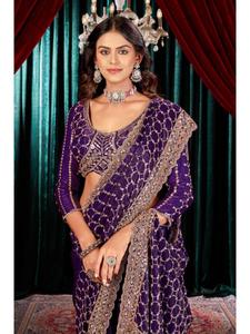 Premium Occasion Fandy Satin Saree Ensemble Adorned with Heavy Beads Embroidery and Exclusive Designer <b>Blouse</b> for Wedding Wear - Product Image 5