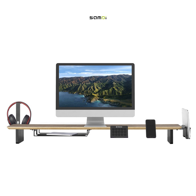 2024 New High Quality Walnut Wood & Metal Monitor Stand with Organized Storage Multi-Functional Desktop Organizer