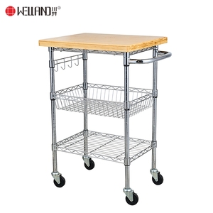 바퀴가 달린 대나무 상판 탈착식 크롬 와이어 메탈 주방 음식 음료 서비스 트롤리 카트 가격 - Product Image 2