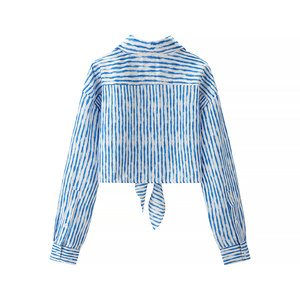Camicetta Casual da Donna con Colletto Rovesciato, Stampa <span class=keywords><strong>a</strong></span> <span class=keywords><strong>Righe</strong></span> <span class=keywords><strong>Blu</strong></span> <span class=keywords><strong>e</strong></span> <span class=keywords><strong>Bianca</strong></span>, Fiocco Frontale <span class=keywords><strong>e</strong></span> Maniche Lunghe - Product Image 2