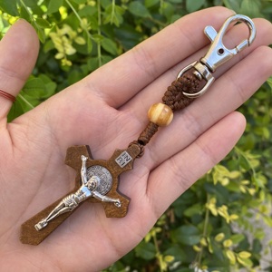 Wood Crucifix Keychain Handcrafts Rope Woven Baptism Accessory Wooden Keyring Religious Keyholder Gift