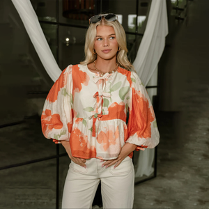 <span class=keywords><strong>Camicetta</strong></span> da donna elegante e alla moda con stampa acquerello <span class=keywords><strong>arancione</strong></span> da donna con maniche a palloncino in vita Casual in misto cotone intrecciata - Product Image 4