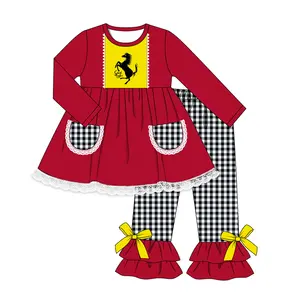 2022 새로운 디자인 아기 소녀 세트 페라리 로고 레드 메인 컬러 스트라이프 어깨 디자인 블랙 체크 바지 아기 소녀 정장