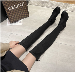 Sepatu Bot Wanita Model Barat Terbaru Musim Gugur/Dingin, Ringan, Ujung Bulat, Hak Tebal, PU, Setengah Paha, Patchwork - Product Image 4