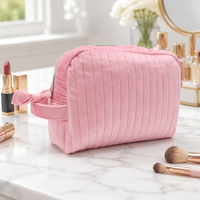 Trousse de Maquillage Pliable Rayée et Cousue, Grande Capacité, Portable, en Velours Matelassé, avec Fermeture Éclair pour Cosmétiques