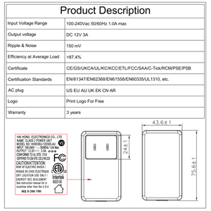 Alimentatore AC-DC 12V3A 36W con Spina, Certificato CE GS CB ETL SAA UL1310 per Strisce LED e Telecamere <span class=keywords><strong>CCTV</strong></span> - Product Image 5