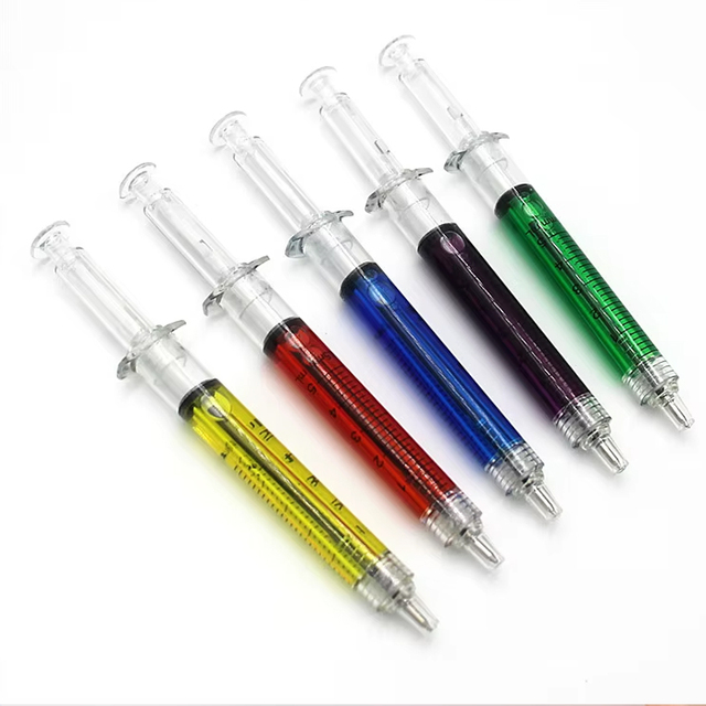 MANMU Customized Logo Novelty Yellow Hospital Doctor Nurse Ballpoint Pens Syringe Shape 1.0mm Black Ink 13.8cm Plastic Pens