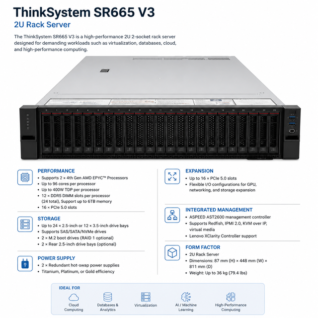 ThinkSystem SR665 V3 2U Rack Server AMD EPYC 9004 Series DDR5 PCIe 5.0 Enterprise AI Cloud Computing Server