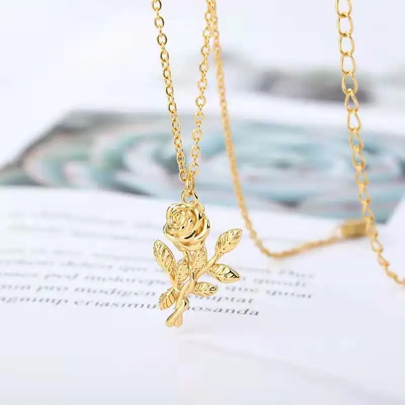 Fashion Luxury gold plated stainless steel Valentine's Day flower rose pendant necklace